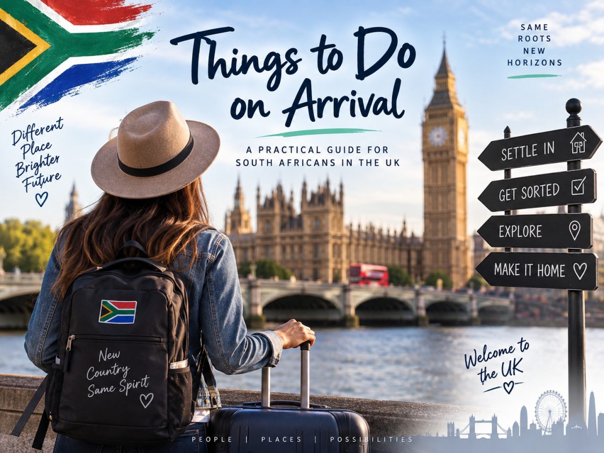 South African immigrant arriving in the UK with luggage, overlooking Big Ben and the Houses of Parliament in London