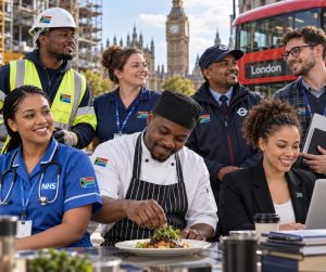 Recruitment and Job Search 2 A diverse group of South African professionals from different racial backgrounds working in the UK, including a nurse, chef, construction worker, transport worker and office professionals, with London’s Big Ben and a red double-decker bus in the background.