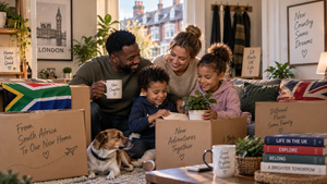 A smiling family of four cuddles together on a sofa with their dog, surrounded by moving boxes labeled with memories from different homes and countries.